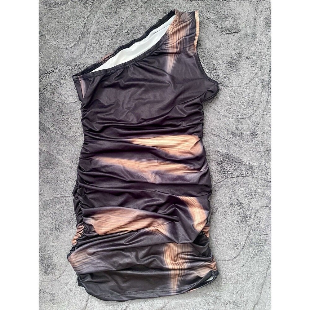 NEW SHEIN Black/Beige One Shoulder Ruched Mesh Stretch Mini Dress Sz M
